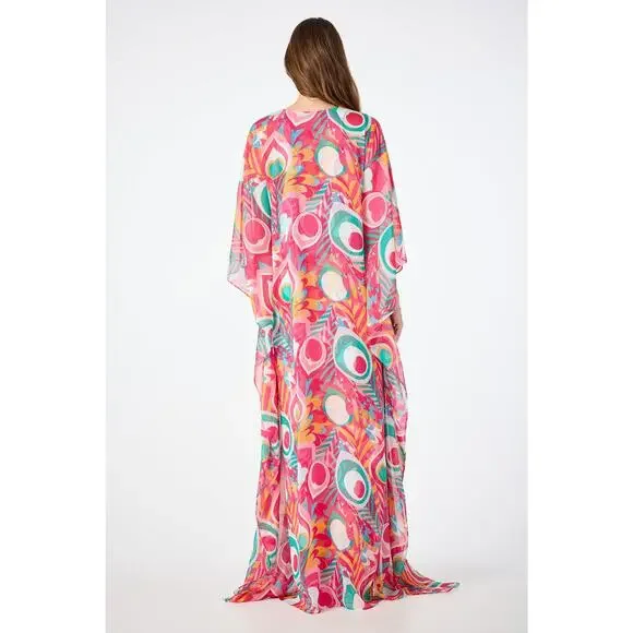 TRINA TURK Salon Maxi Caftan Dress in Dramont Size 12 Resort Multicolor Peacock - Picture 2 of 13